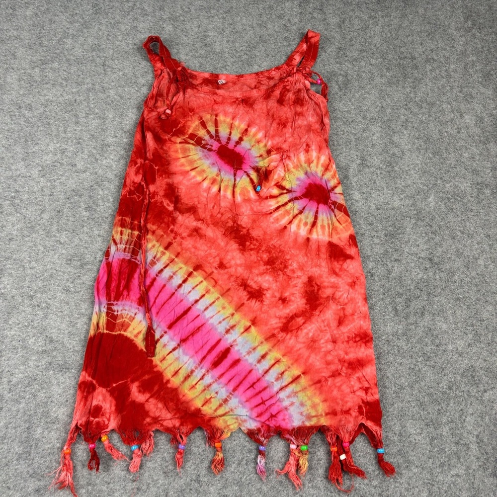 Unbranded Tie Dye Tassel Beaded Dress Womens Size 3 Red Boho Hippie Summer - Picture 2 of 12